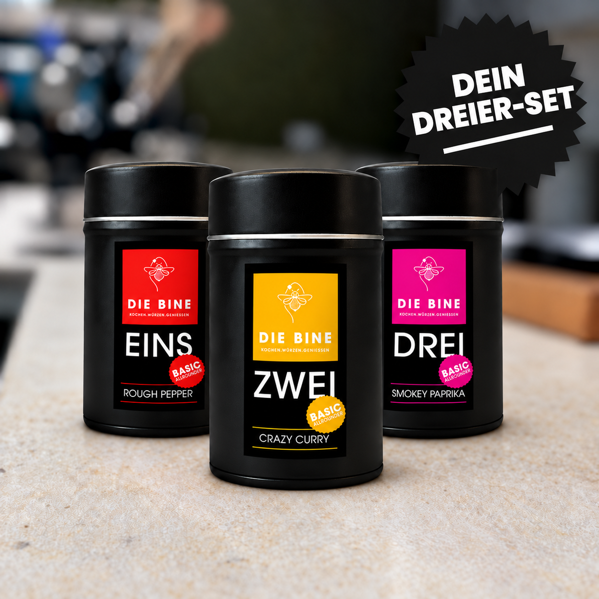 DEIN DREIER-SET von DIE BINE mit ROUGH PEPPER, CRAZY CURRY und SMOKEY PAPRIKA