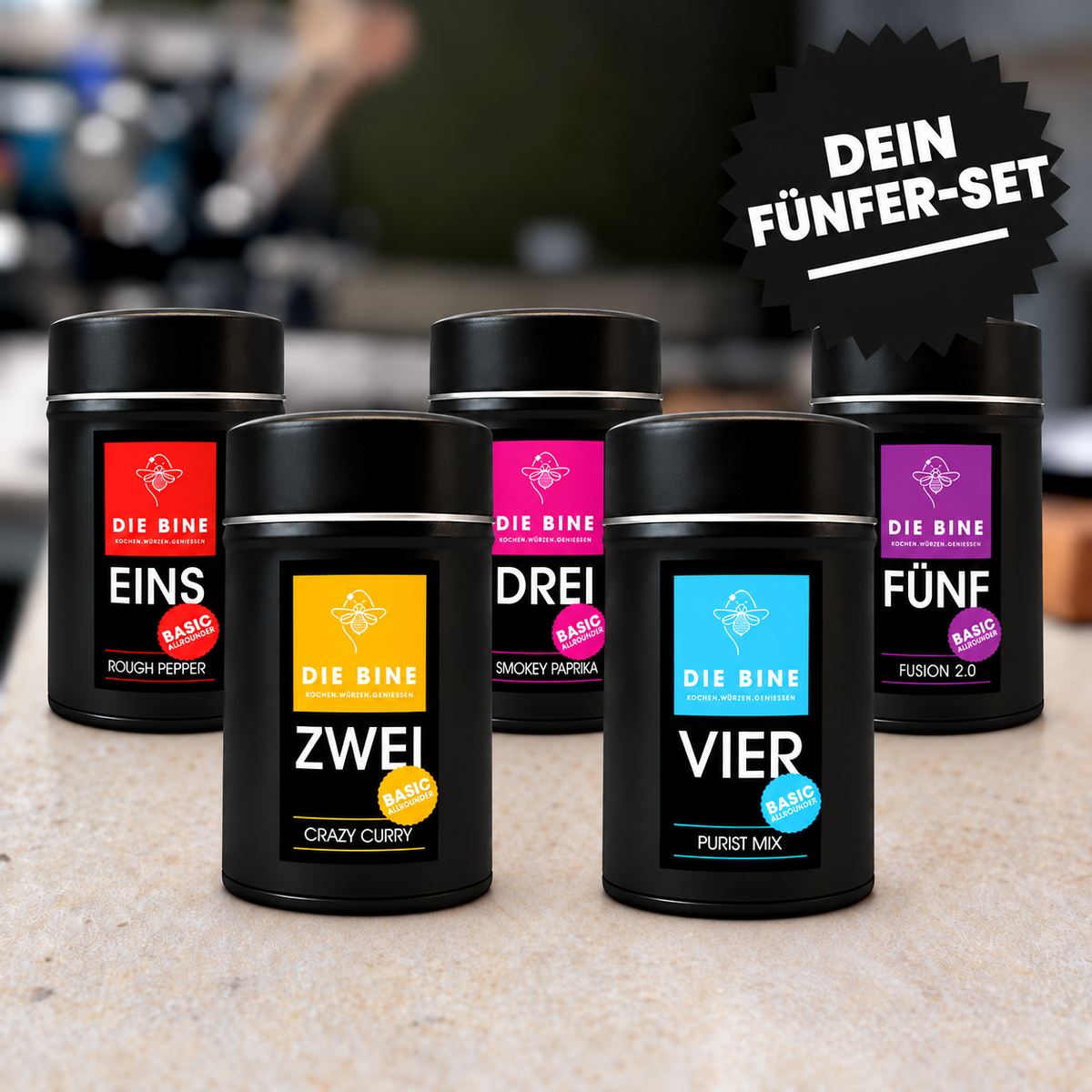 DEIN FÜNFER-SET von DIE BINE mit ROUGH PEPPER, CRAZY CURRY, SMOKEY PAPRIKA, PURIST MIX und FUSION 2.0